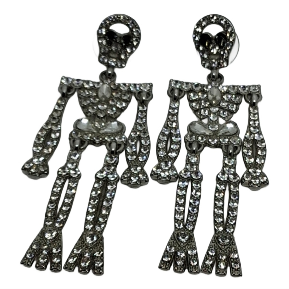 Sparkly Skeleton Dangle Earrings | Rhinestone Halloween Statement Jewelry - Picture 3 of 5